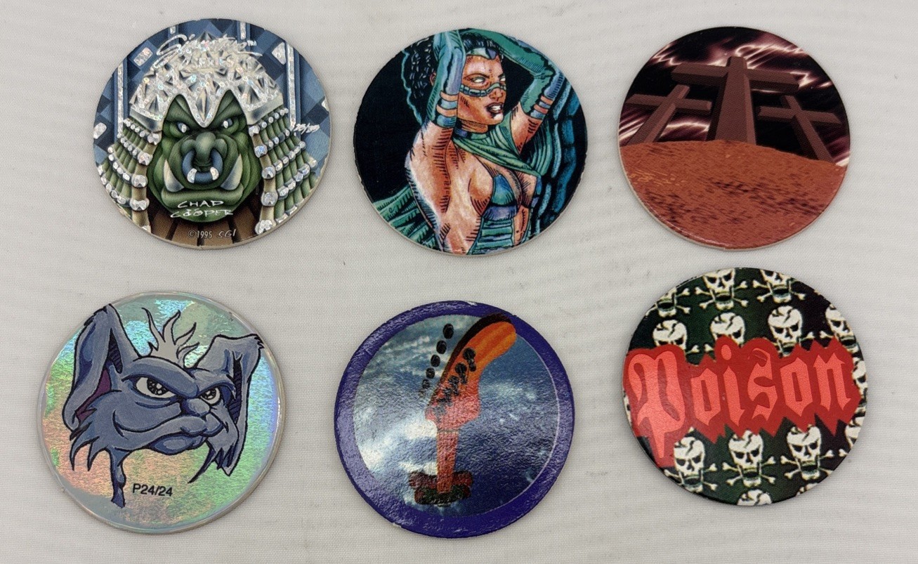 POGS/MILKCAPS Monster, Guitar, Anime, Poison, Cross, Set of 6. GUC