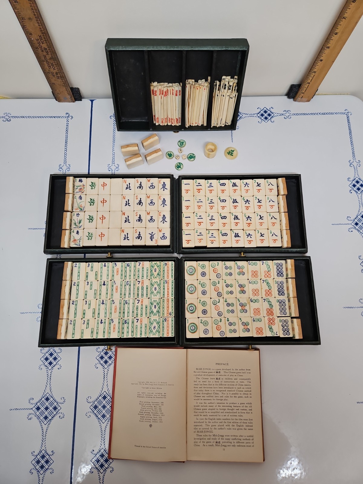 MAHJONG SET. With Beautiful Bone and Bamboo Tiles in Ornate Case W/Book Antique