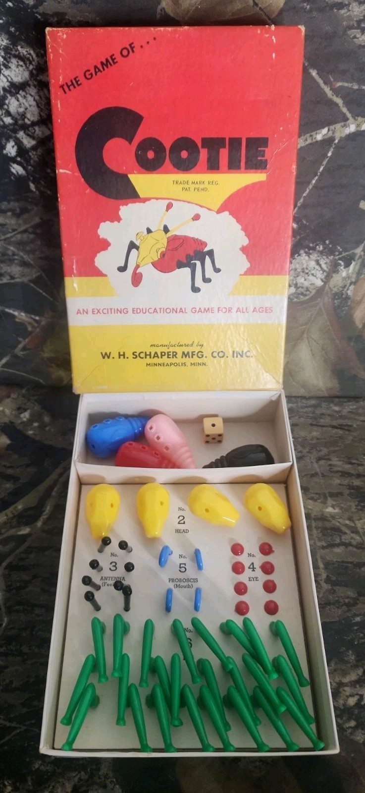 VTG 1949 COOTIE BOARD GAME W.H. SCHAPER MFG ORIGINAL GOOD CONDITION COMPLETE DL