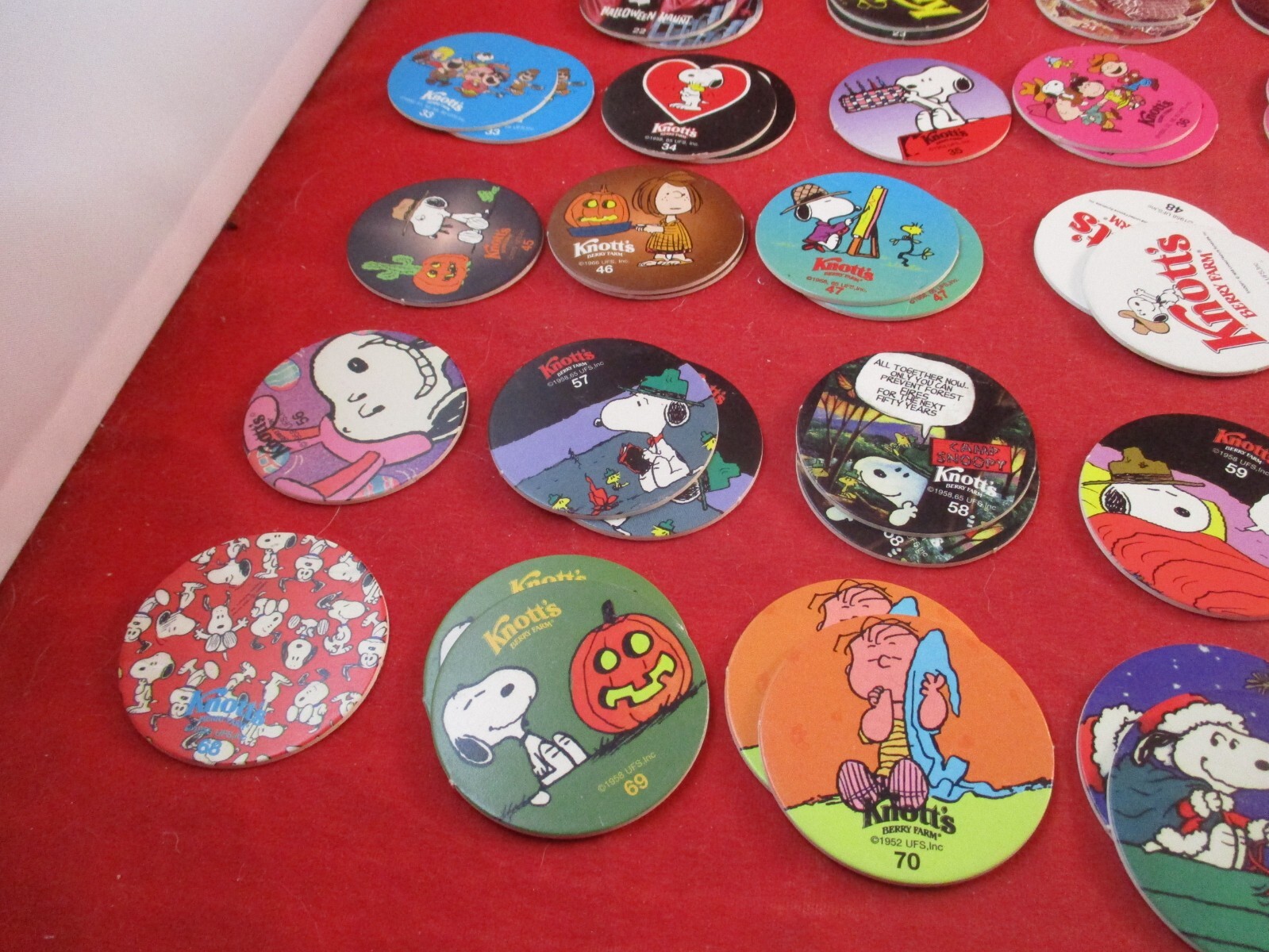 Set of 75 Knott’s Berry Farm Pog Rides & Peanuts Charlie Brown Snoopy w/Slammers