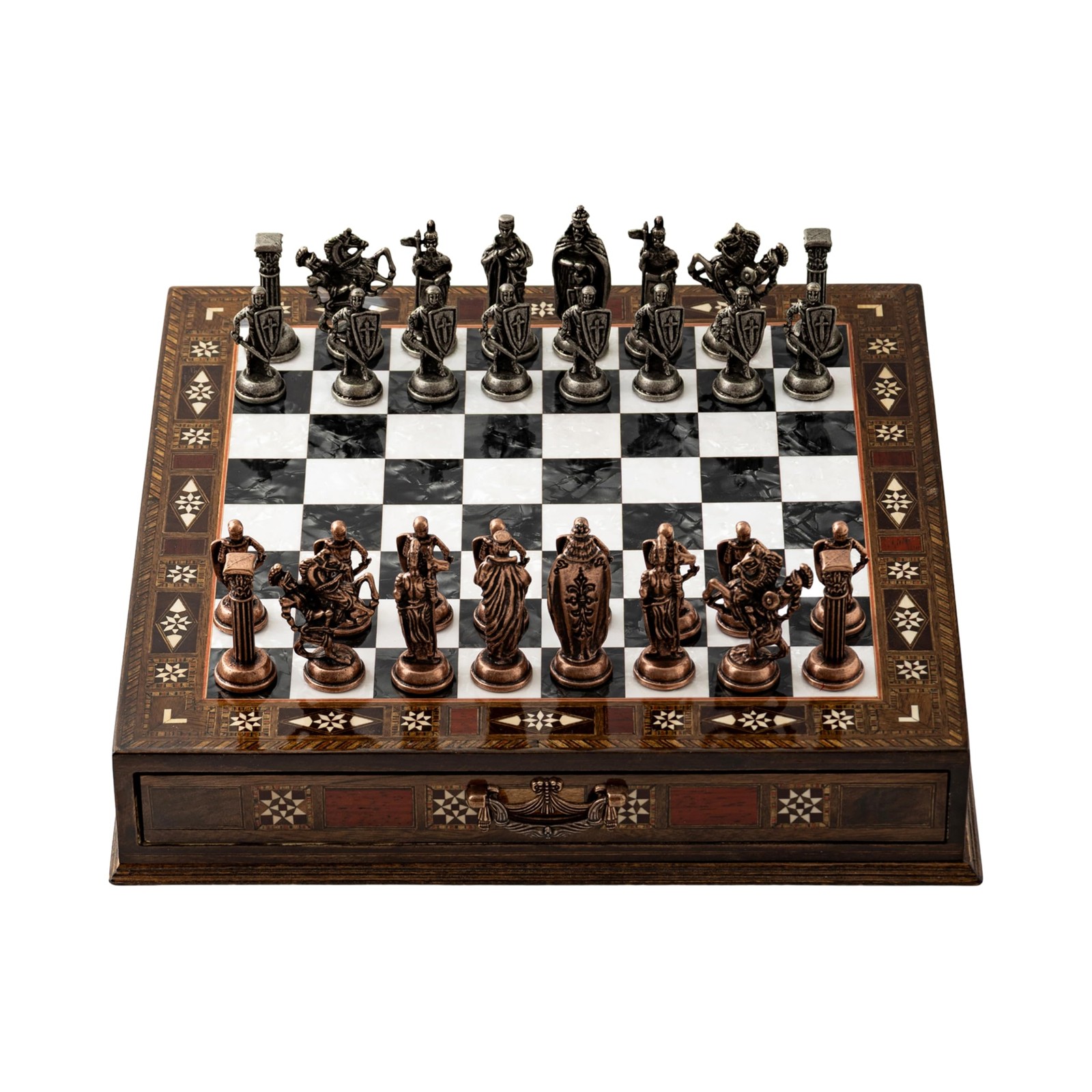 Wooden Chess Set 15 Inch Handmade British Army Metal Pieces Black Luxury Storage