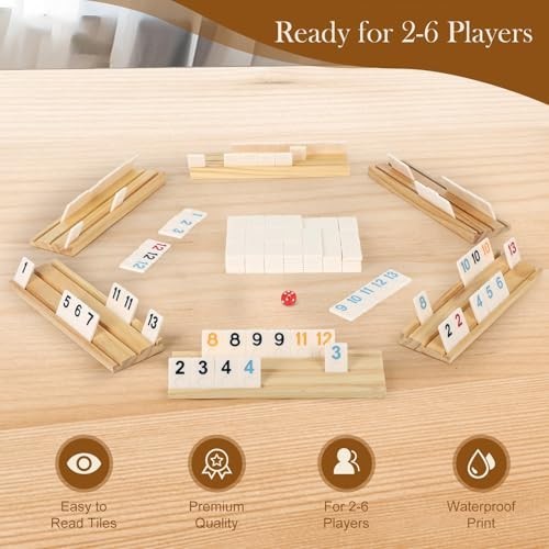 Rummy Game for 2-6 Players – 160 Melamine Tiles, Wooden Racks, Portable Case, Fu