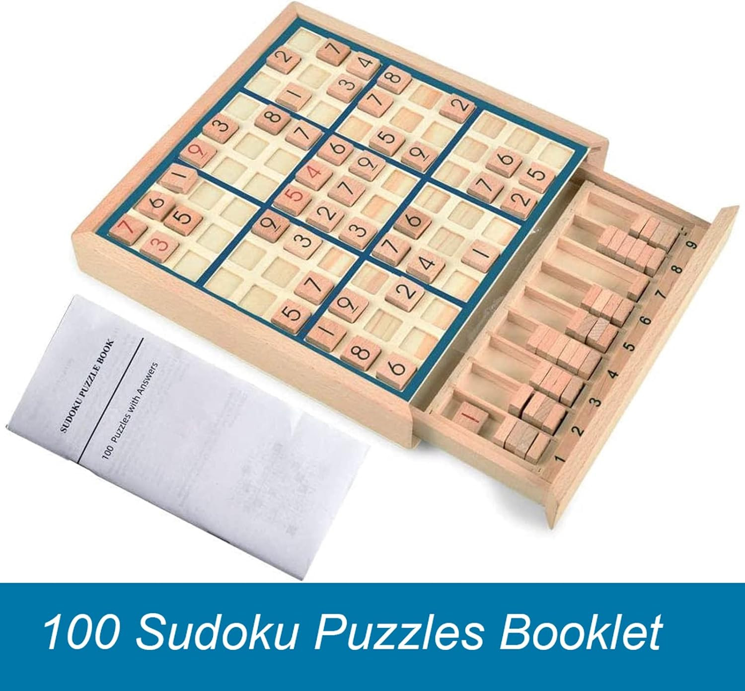 Wooden Sudoku Board Game with Drawer – with 100 Puzzles Sudoku Book for Adults –