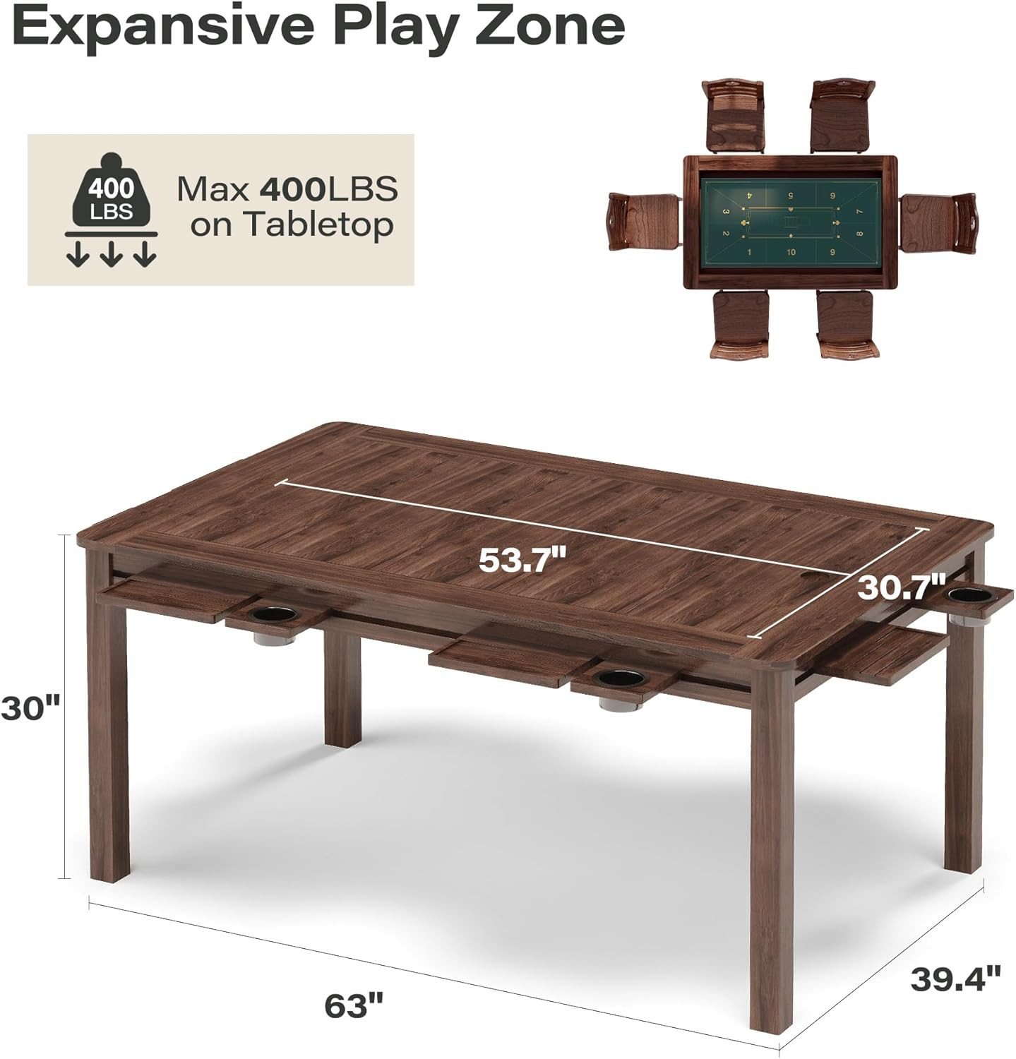 Board Game Table with Removable Table Top, 54” X 31” Play Area, Gaming and Dinin