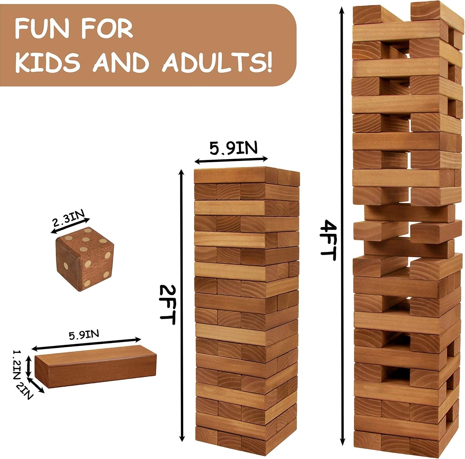 Giant Wooden Tumble Tower Game Set 54 Pieces with Dice & Bag for All Ages