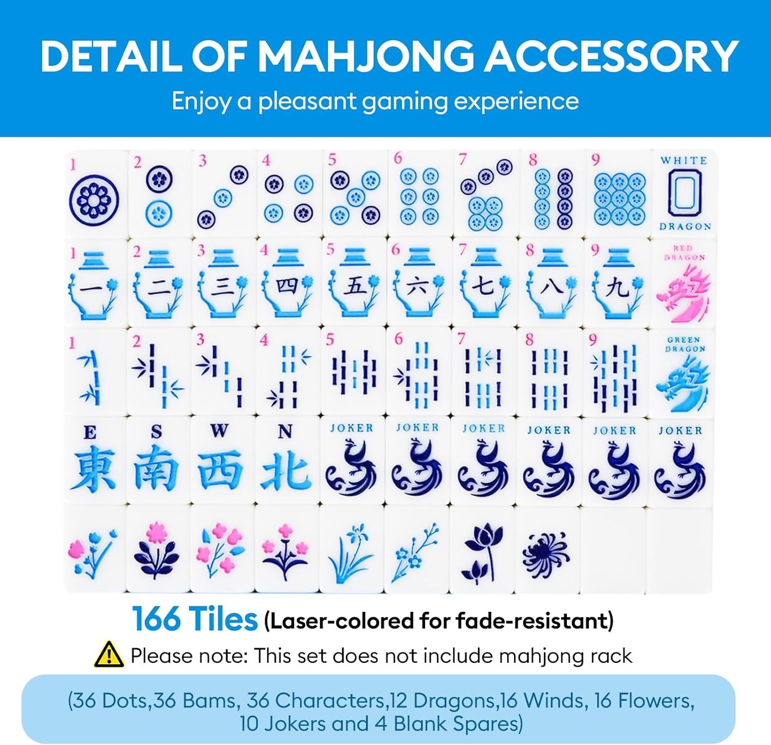 American Mahjong Tile Set, 166 Quality Engraved Tiles Blue Back w Bag,Dice,Chips