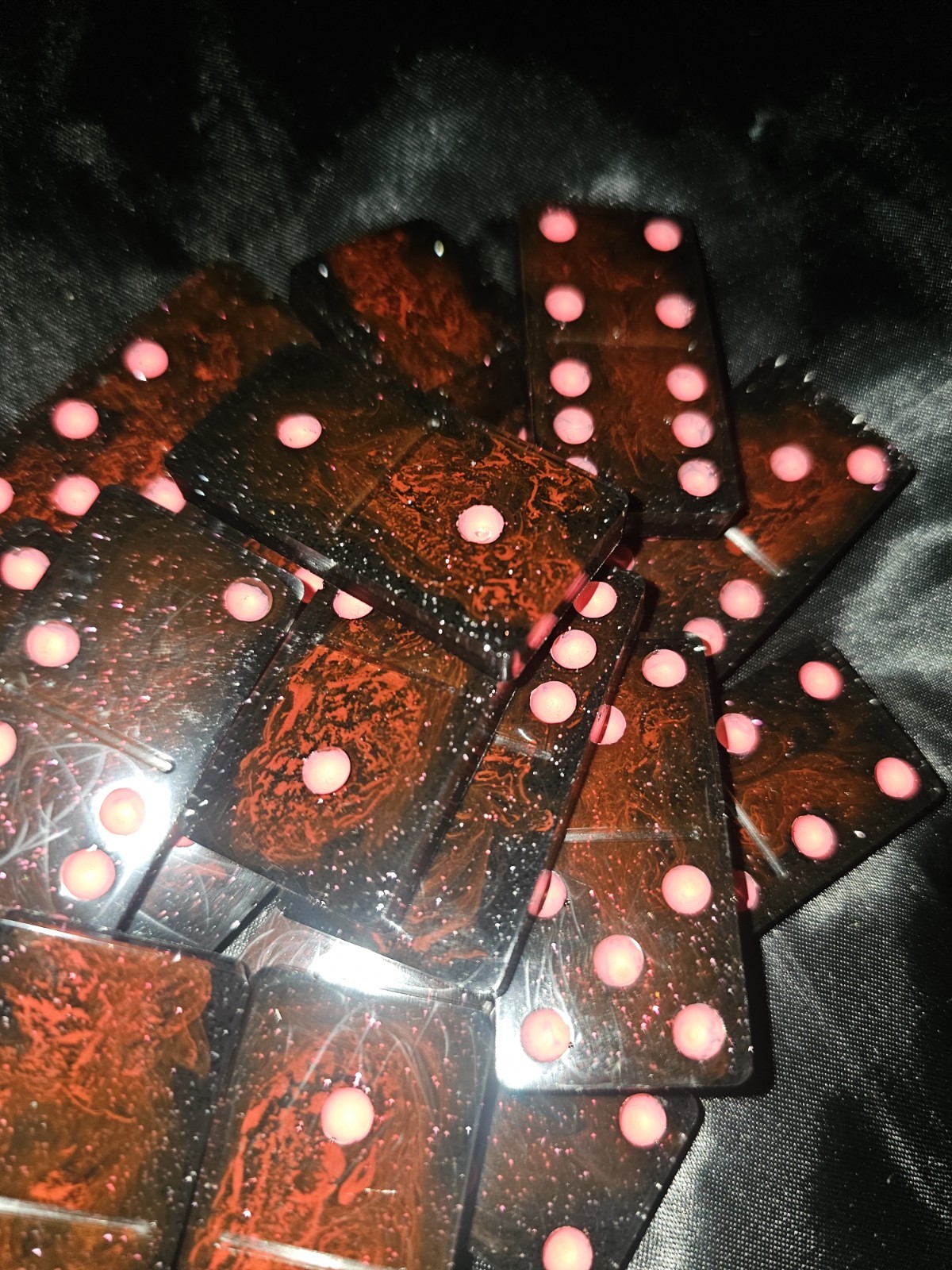 Custom Black and Red Dominoes Set with Pink Dots, Tile Game, Complete