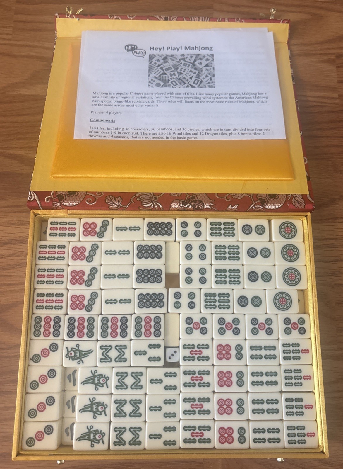 Traditional Chinese Mahjong Game Set w/ 144 Engraved +2 Spare Tiles, Dice & Case