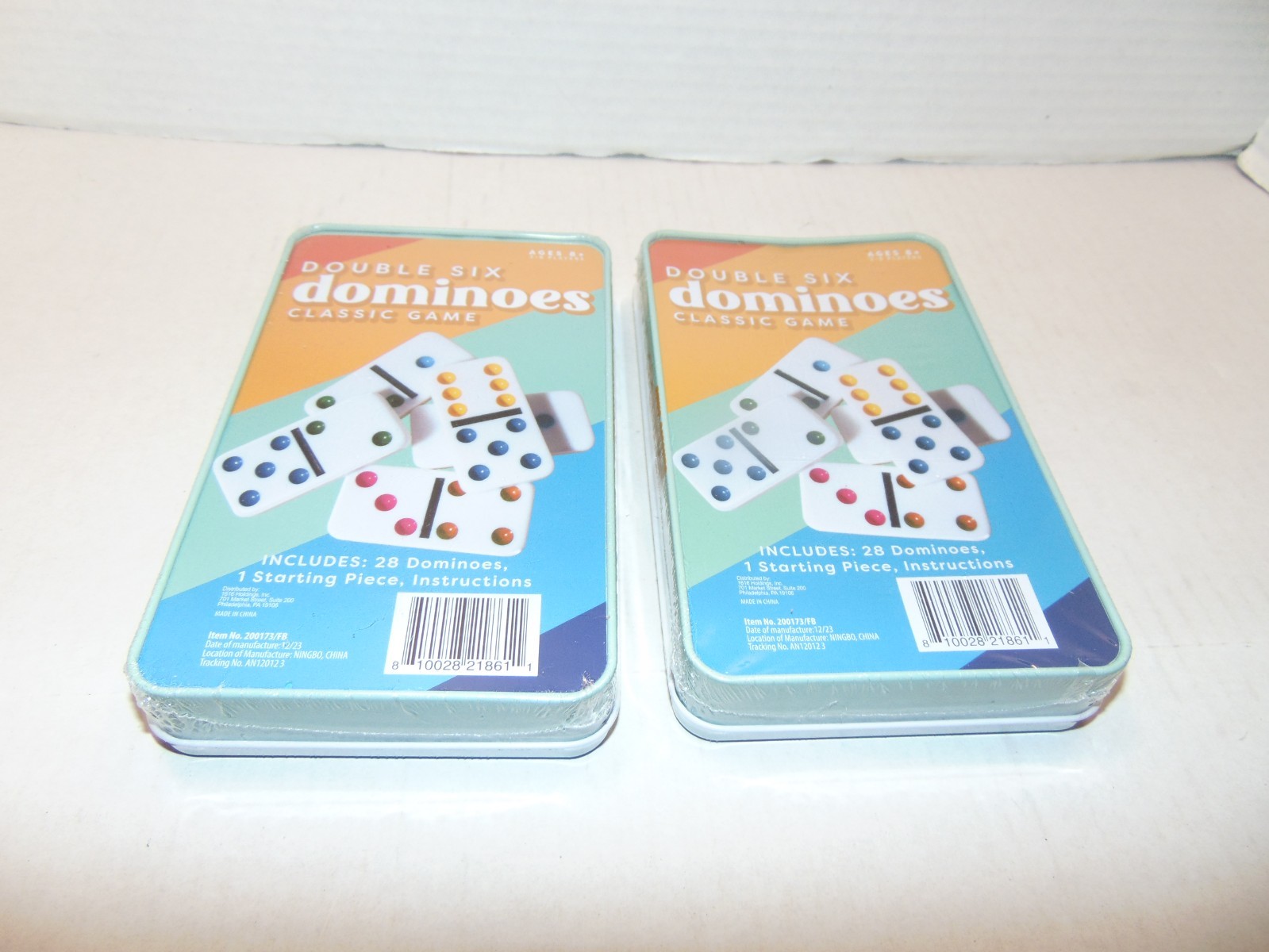 2-Pack Double Six Color Dot Dominoes Game Set in Metal Tin NEW