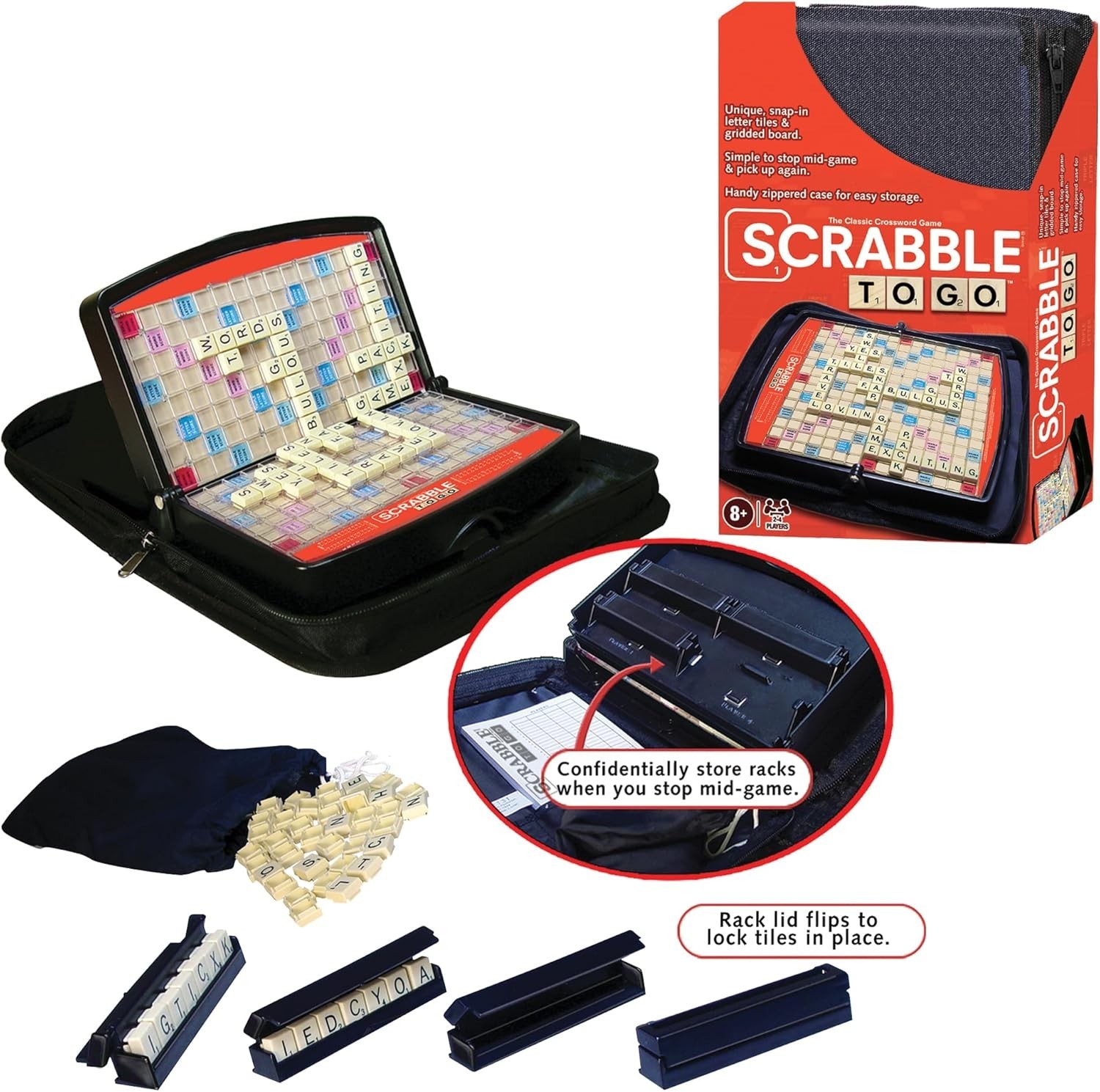Scrabble To Go – Travel Edition for 2 to 4 Players, Zippered Case Included