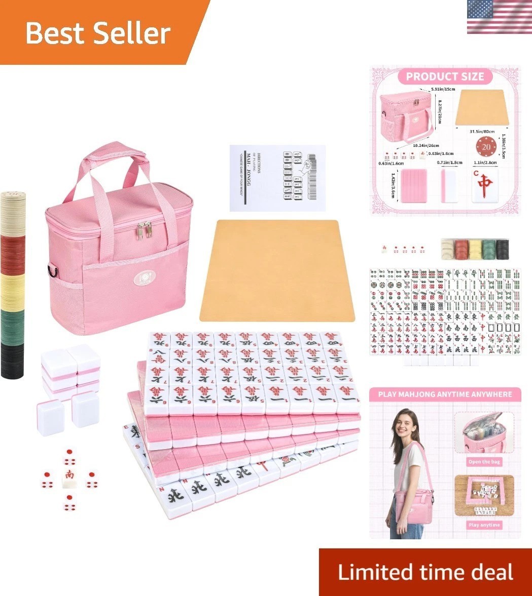 Chinese Mahjong Game Set, 144 Numbered Melamine 1.42″ Size TilesPink and 8 Bl…