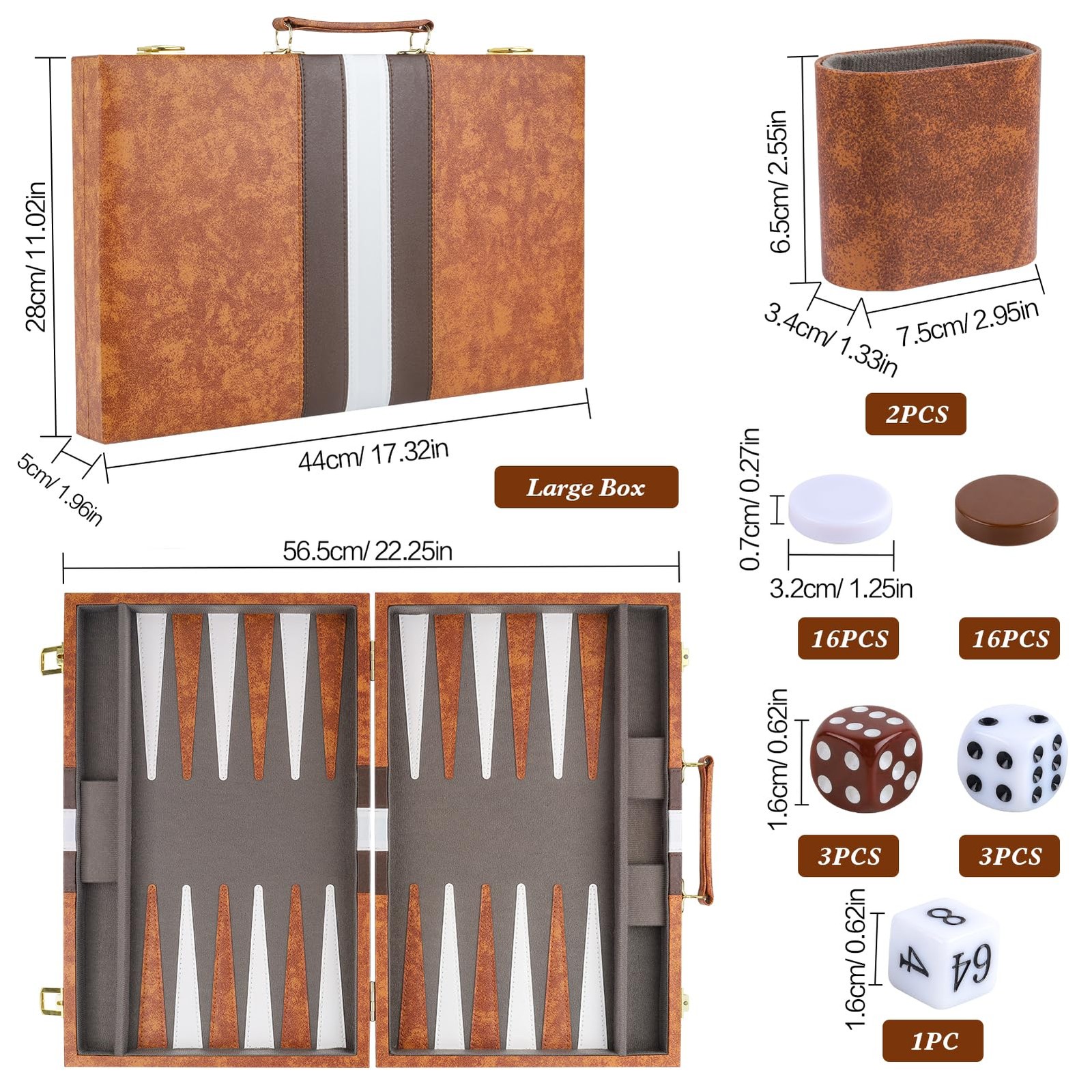 Buweeo Backgammon Set 17 Inch Portable Board Game Pu Leather Case For Adults