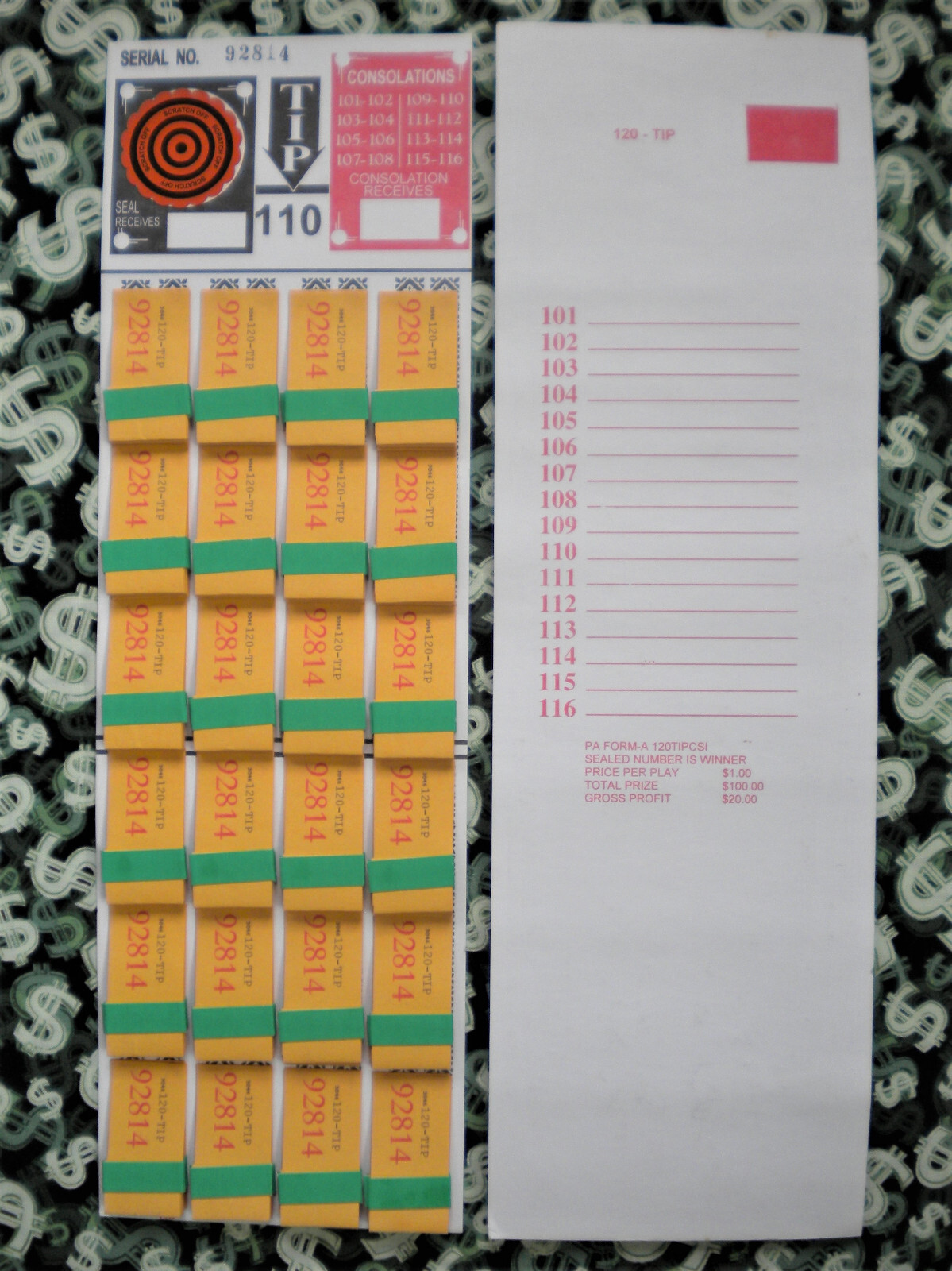 ( 1 Each ) ~ 120-P5 REGULAR “NOT Sure” TIP BOARDS {101-116} Pull Tab Jar Ticket