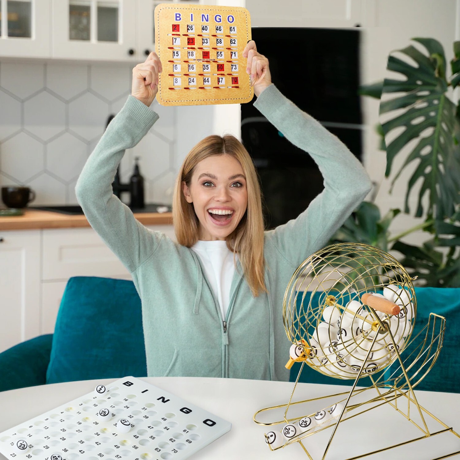 PRO Jumbo Bingo Game Set w/Large Bingo Cage, 1.5″ Ping Pong Bingo Balls & Board