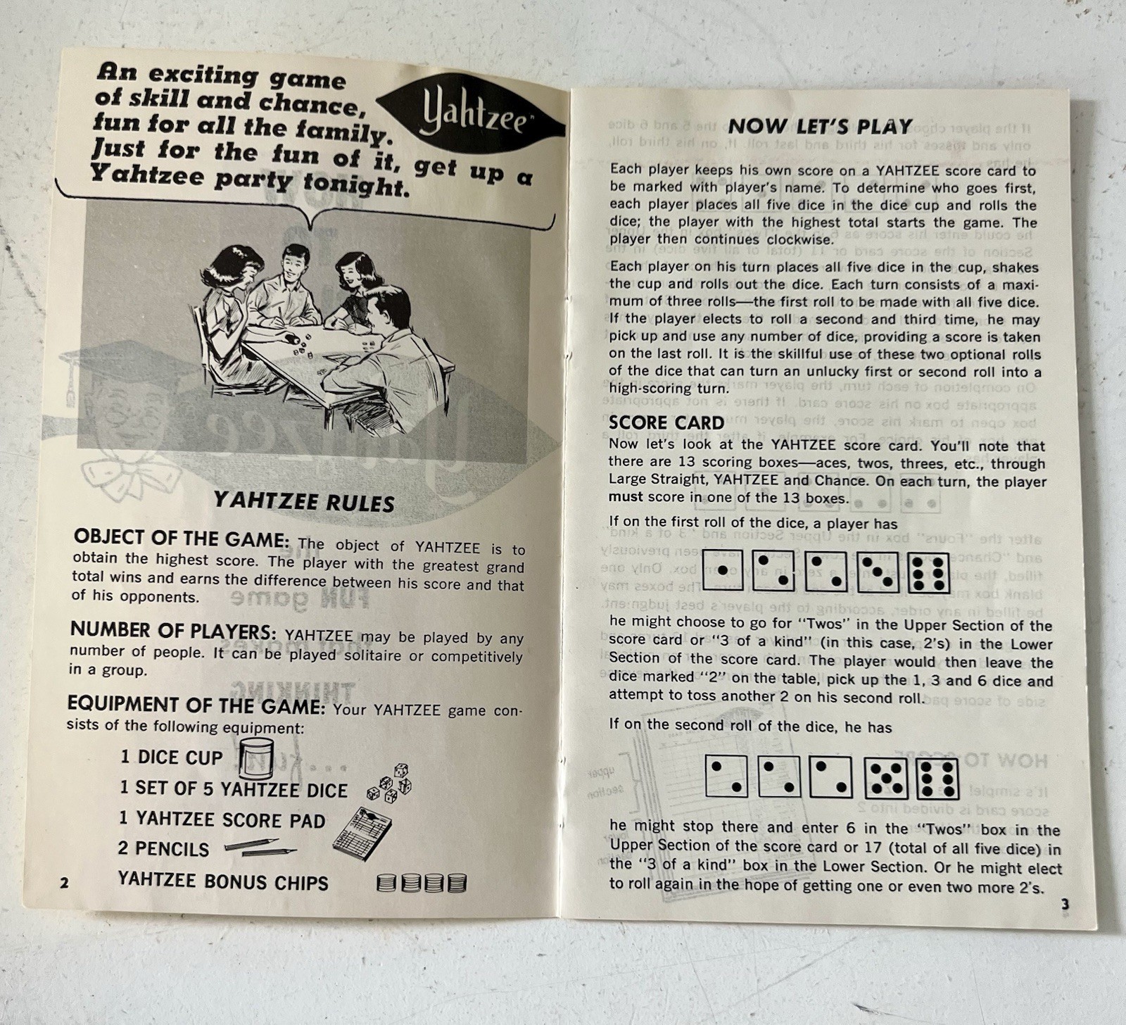 Vintage 1956 Yahtzee Complete E.S. Lowe Dice Game w Dice Cup Box Manual VG! MCM