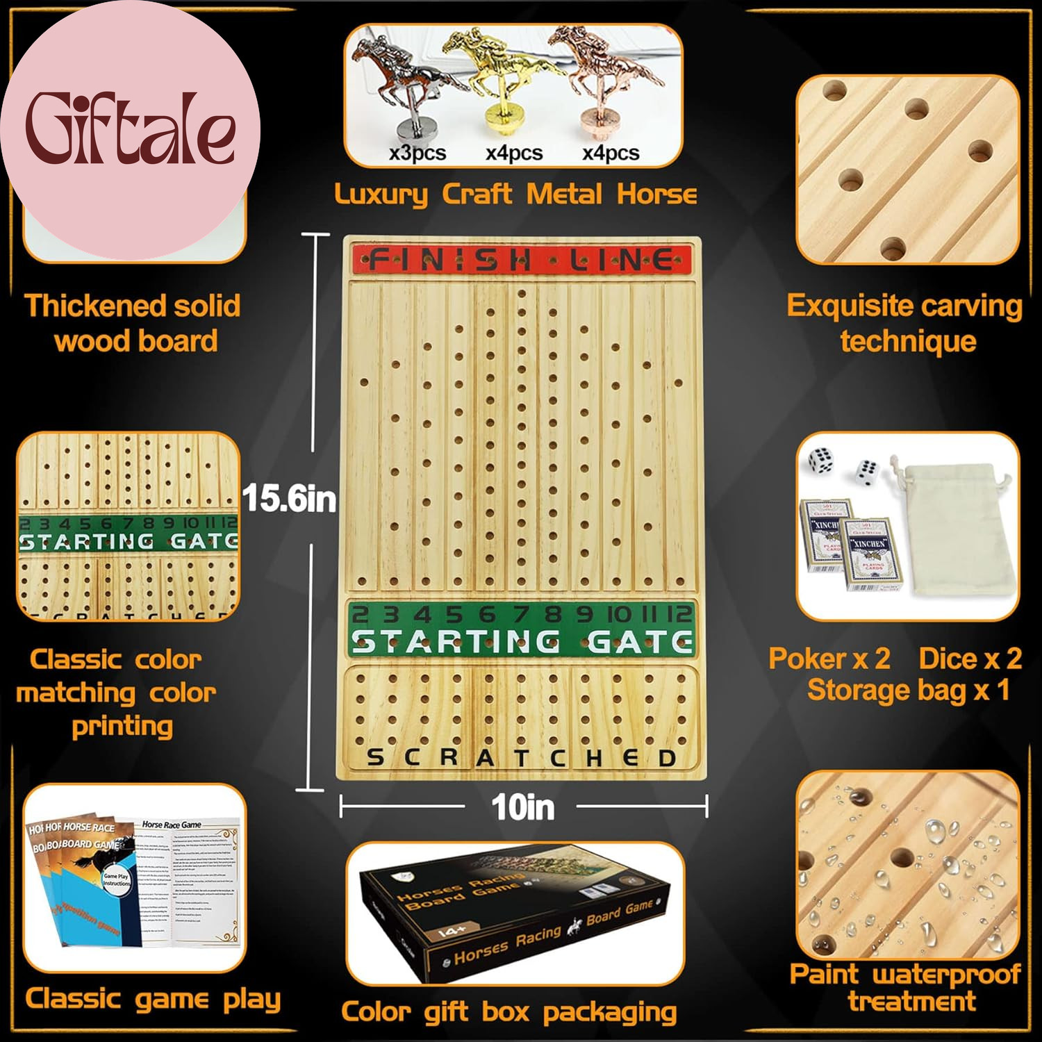 Horse Race Board Game Racing Game Thickened Solid Wood with 11 Luxurious Durable