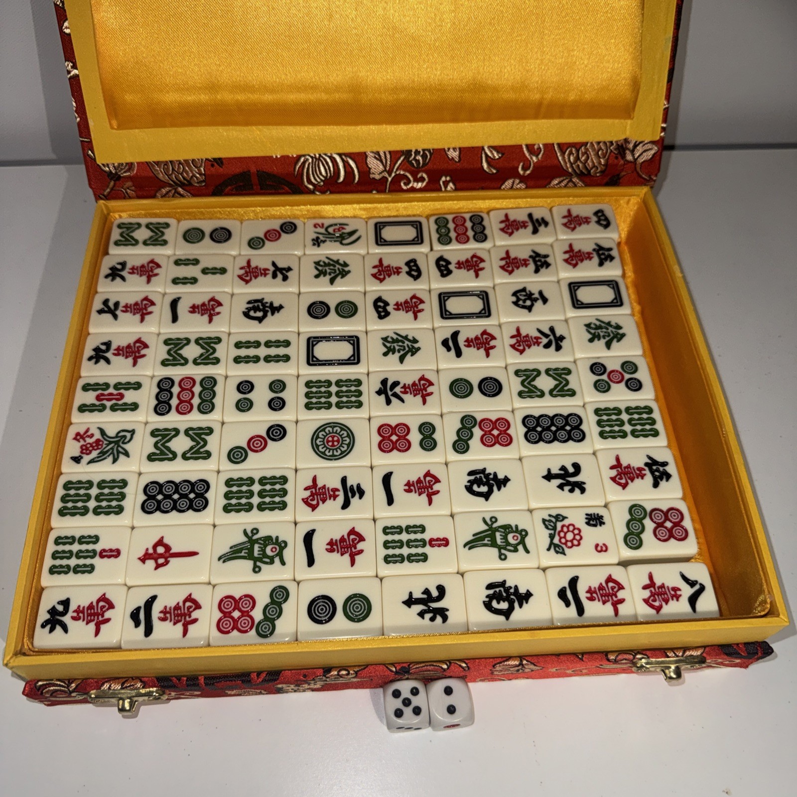 Chinese Mahjong Set 144 Ceramic Tiles (1 1/8 X 7/8×9/16in) Beautiful Red Box