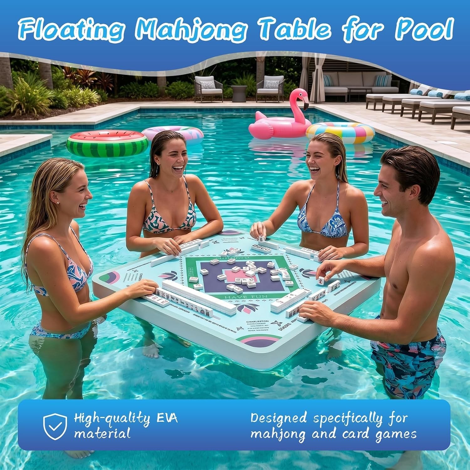 Floating Mahjong Table for Pool 31.5-in Water Game Tray for Card and Tile Games