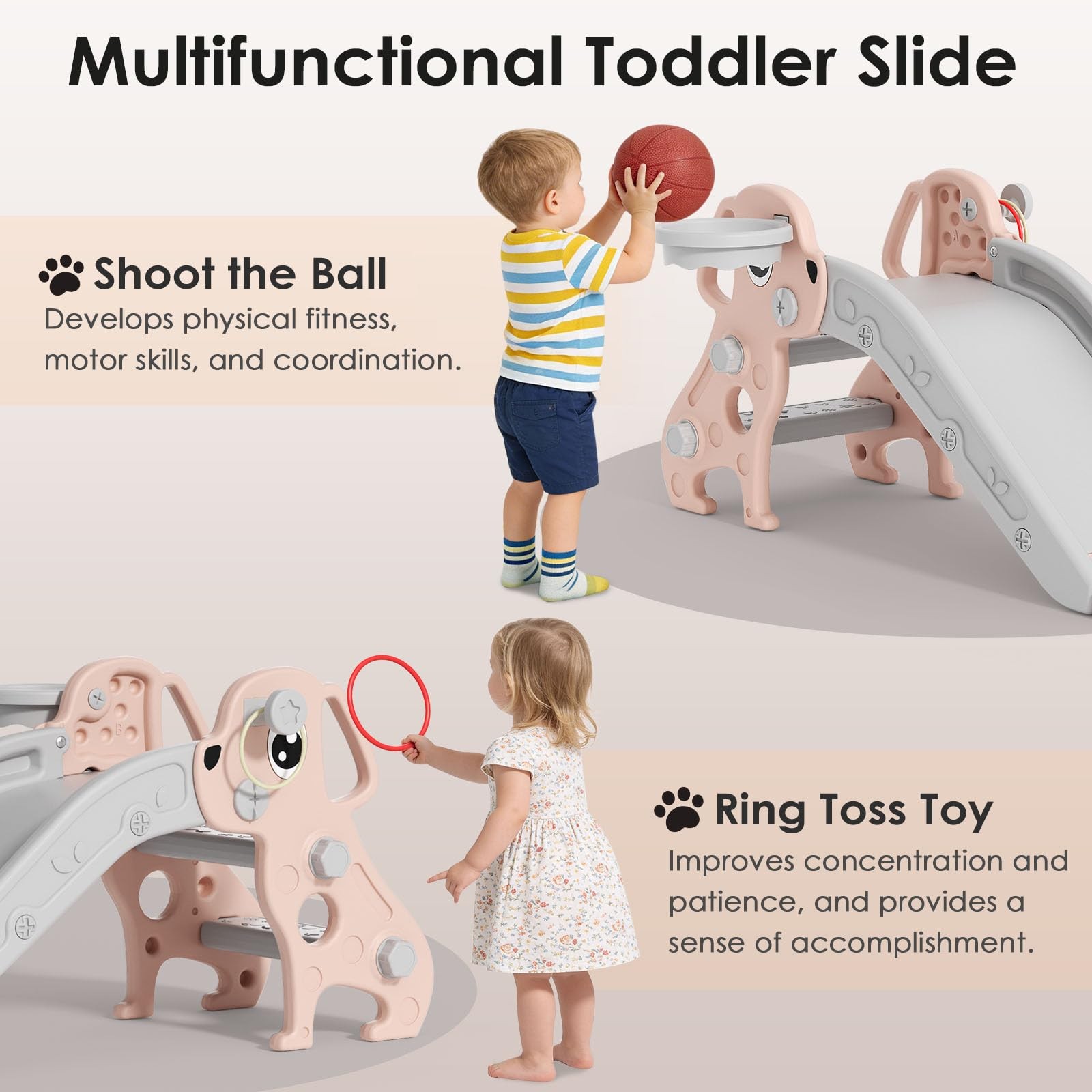 Toddler Slide 4 in 1 Basketball Hoop Ring Toss Pink Gray BIERUM 1-3 Kids Indoor