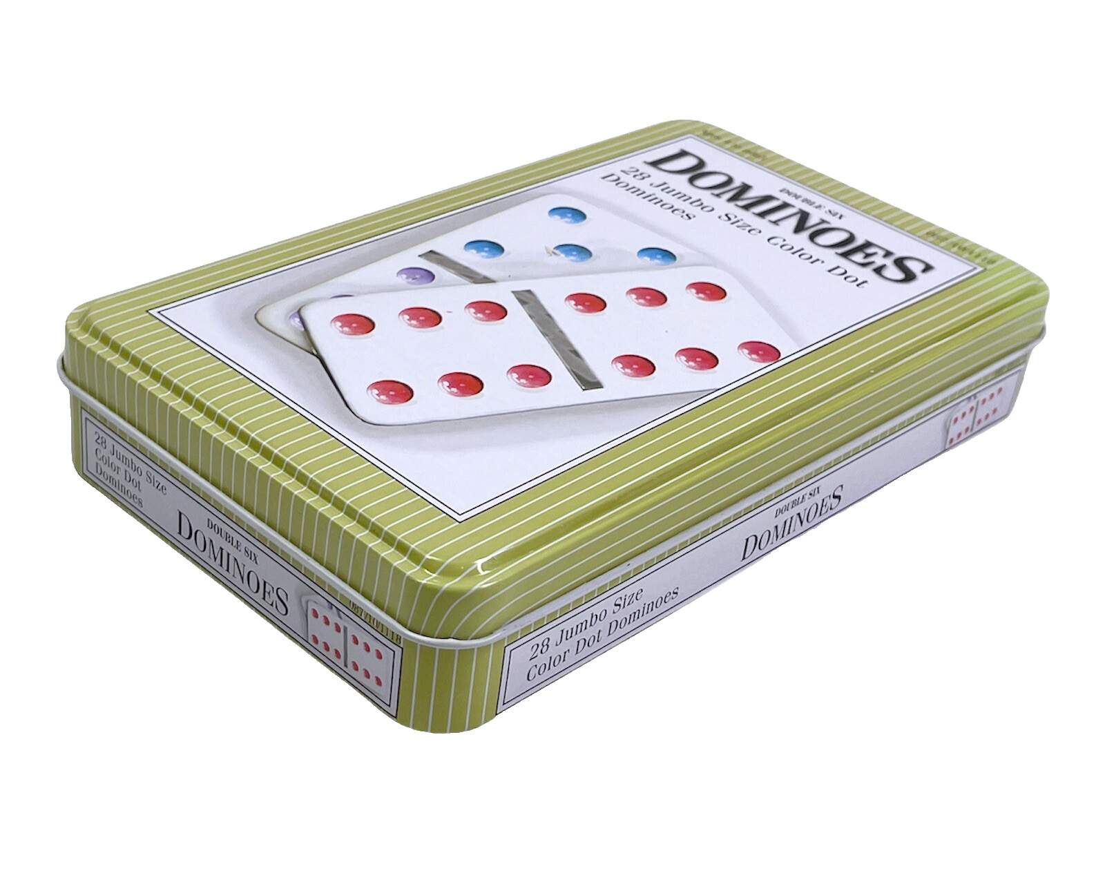 Double Six Jumbo Dominoes Colored Dots in Yellow Tin Storage Box *READ*