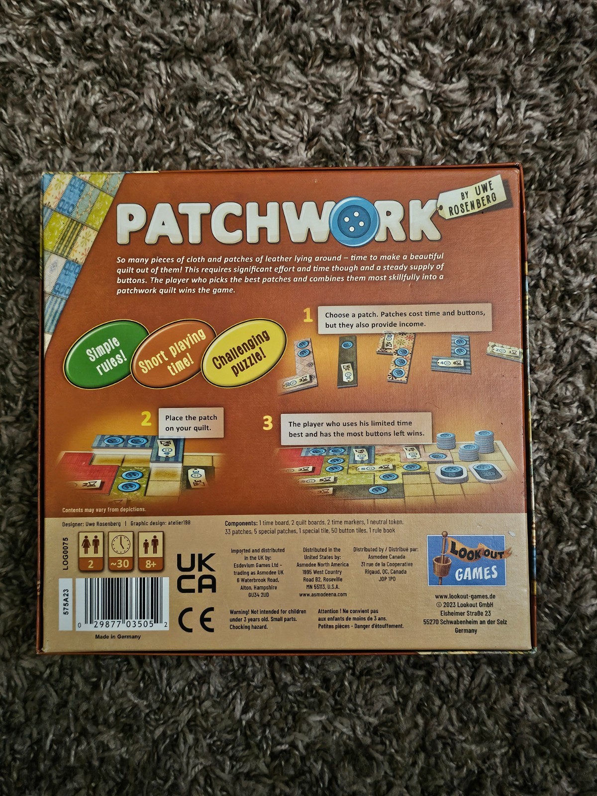 Patchwork – Strategy Board Game For 2 Players – 100% Complete – Lookout Games