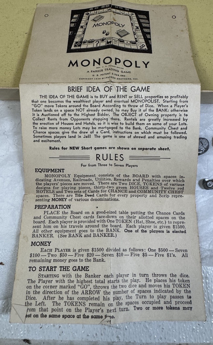 Vintage 1954 Monopoly Game Yellow Box Wooden Tokens Incomplete. See Description.