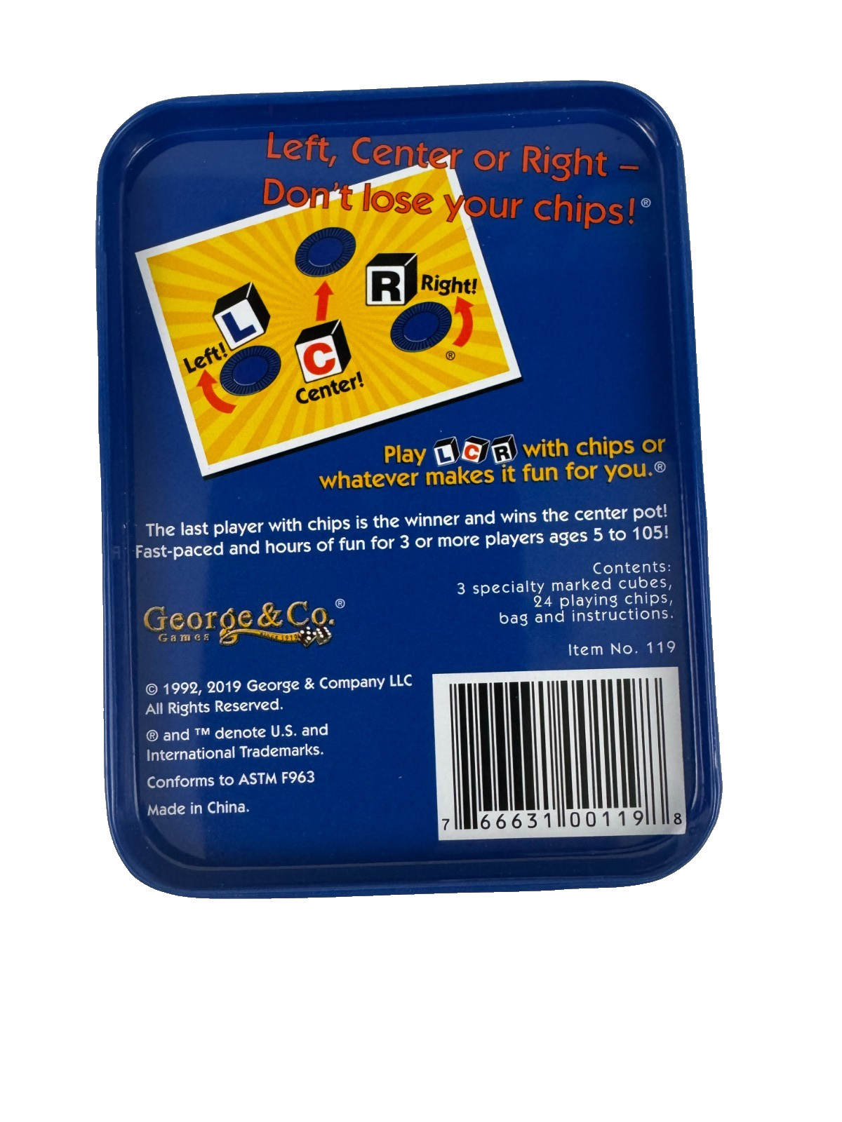 2019 LCR Left Center Right Dice Game Blue Storage Tin Chips Game Rules 29 Pieces