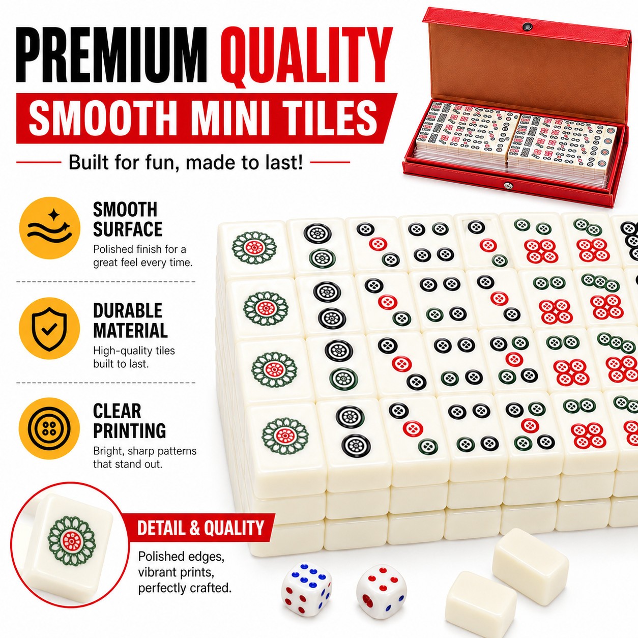 Travel Mini Mahjong Set 144 Tiles 2 Dice Red Carry Case Family Tabletop Game Toy
