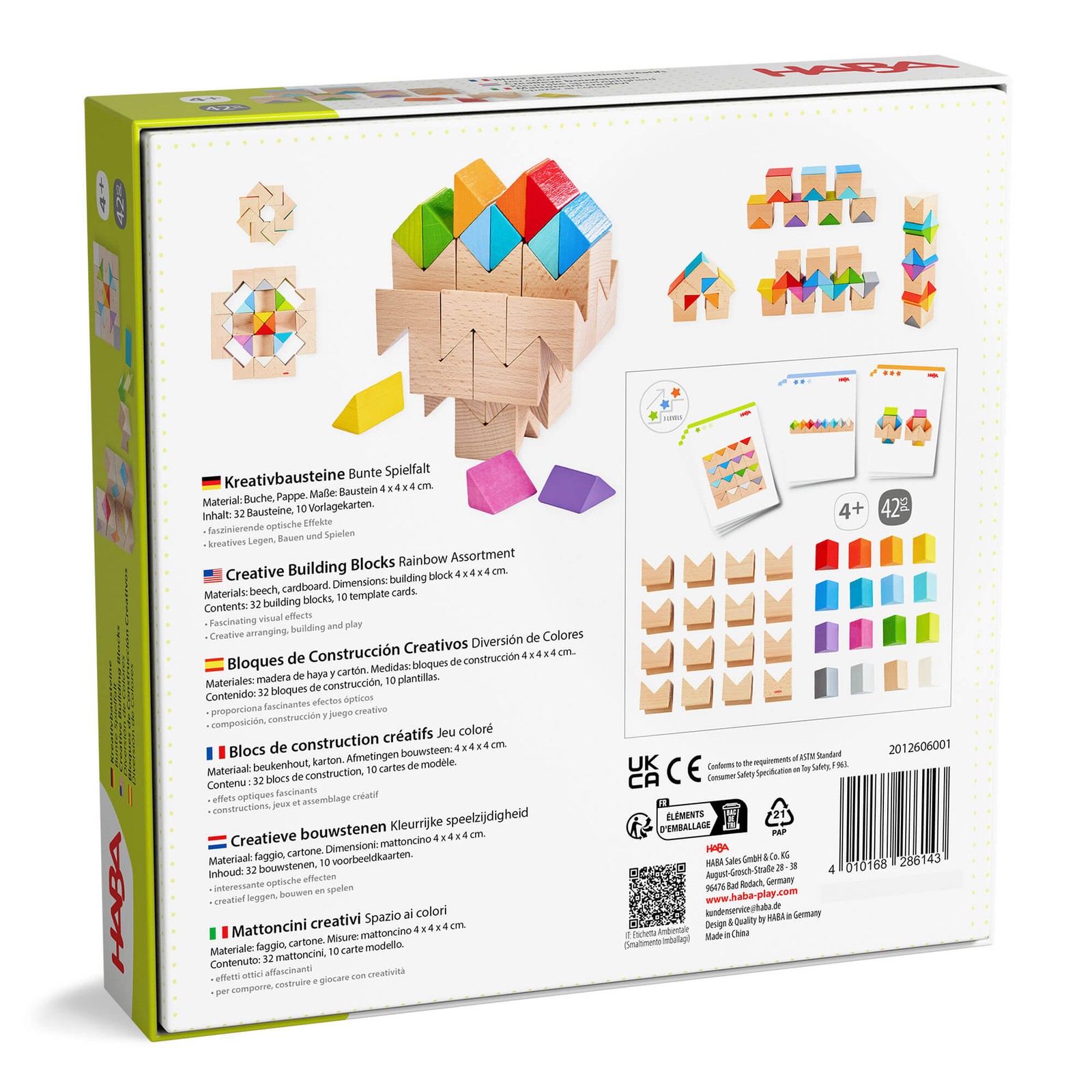 HABA Rainbow Triangle Wooden Blocks Game, Stacking Toys with Pattern Cards