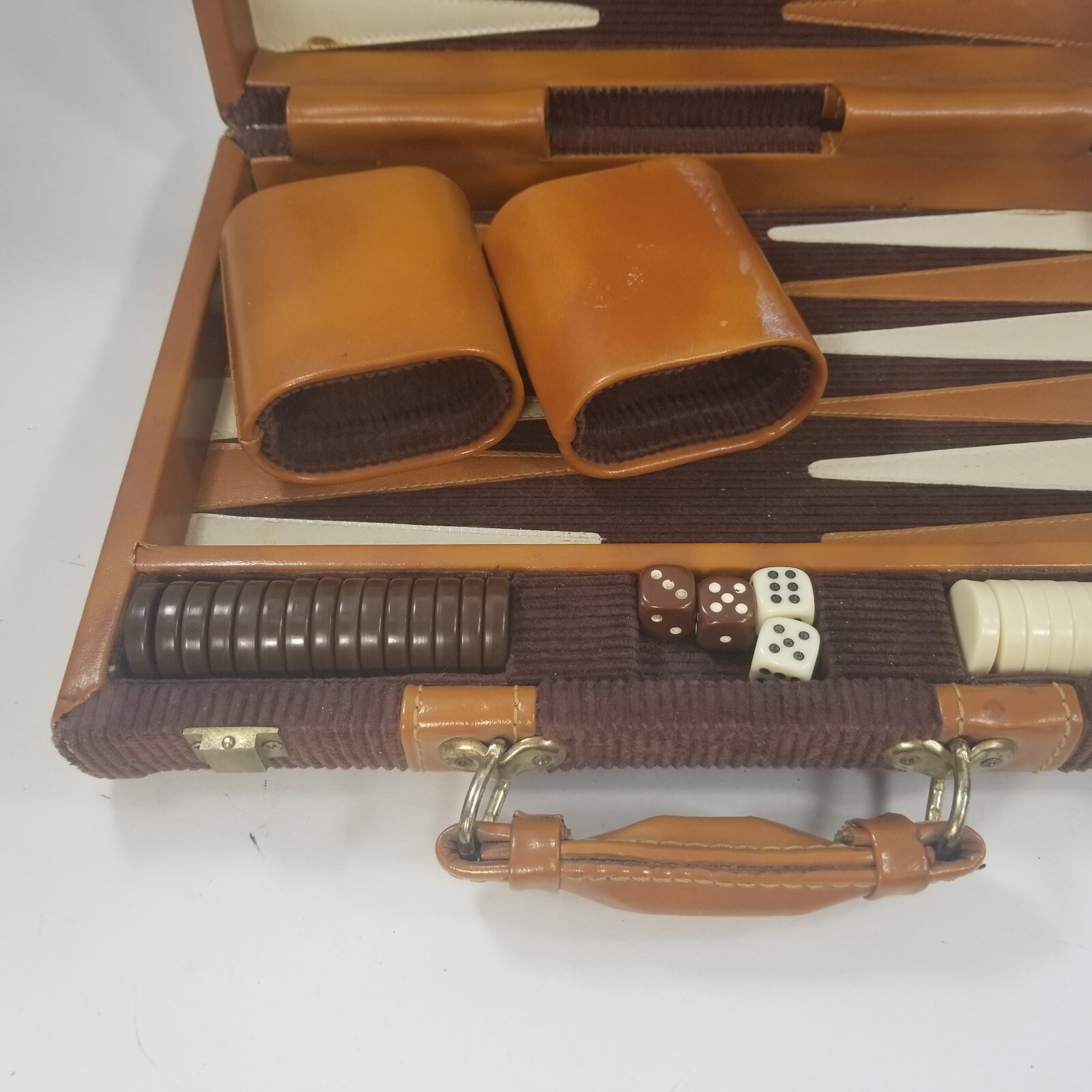 Vintage Leather Corduroy Bakelite Pieces Travel Backgammon Box Set Dice