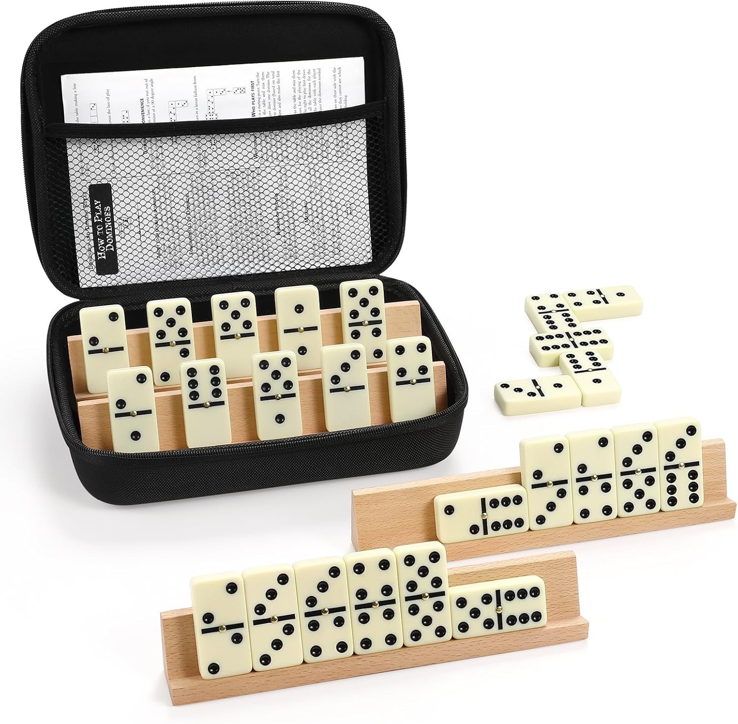 Deluxe Jumbo Dominoes Set for Adults with 4 Beech Racks & Eco-Friendly Tiles