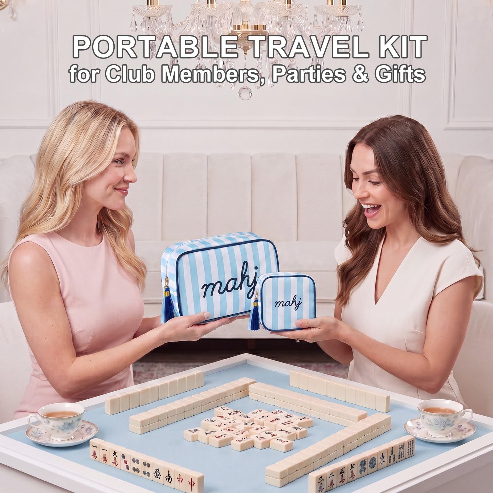 Mahjong Tile Bag Set -Blue 2-Piece Striped Thickened Canvas Tile Case & Embro…