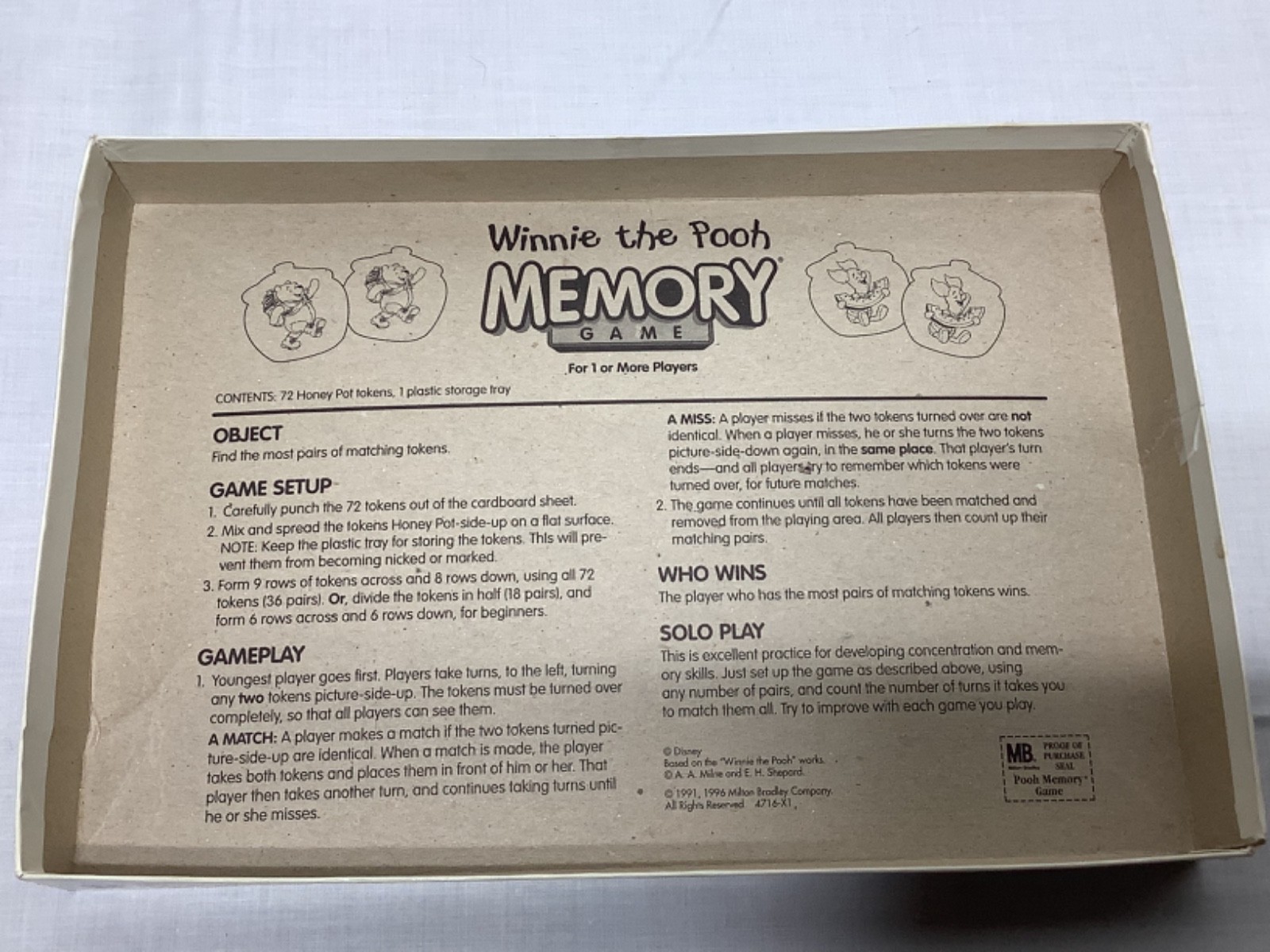 Vintage Winnie The Pooh 1996 Memory Game 100% Complete Milton Bradley Ages 3-6