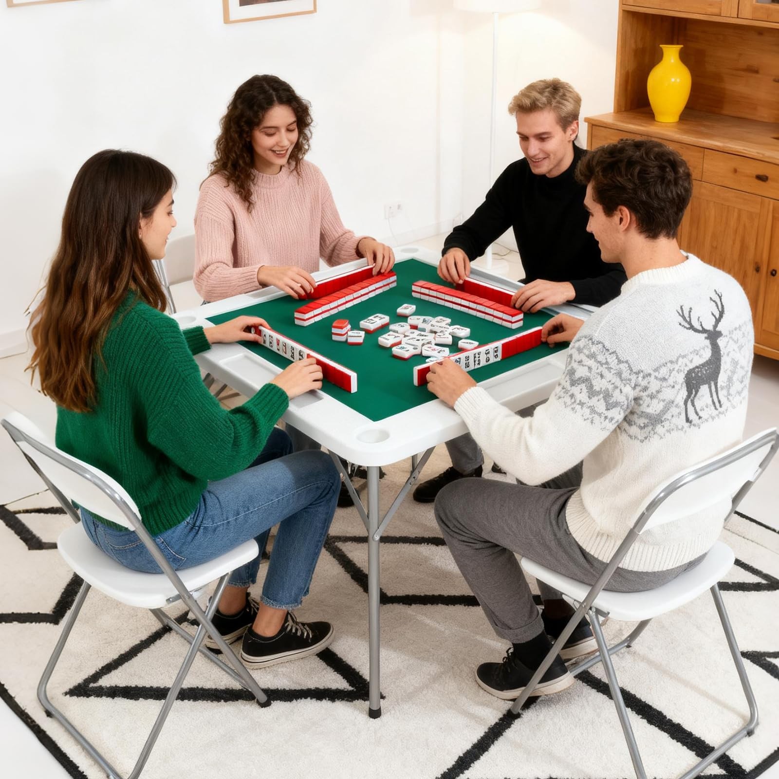 4 Player Fold Mahjong Table 35.4in Square Game Desk Green Wear Resist Top Trays