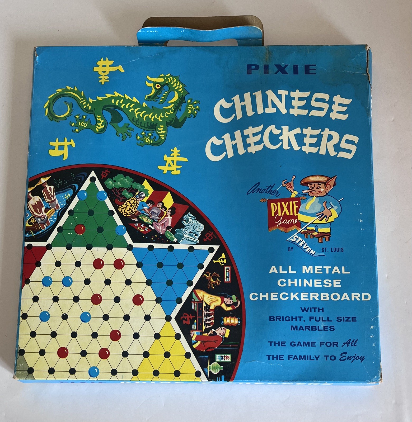 Vintage Chinese Checkers Pixie Game by Steven St Louis Box w/Colorful Marbles