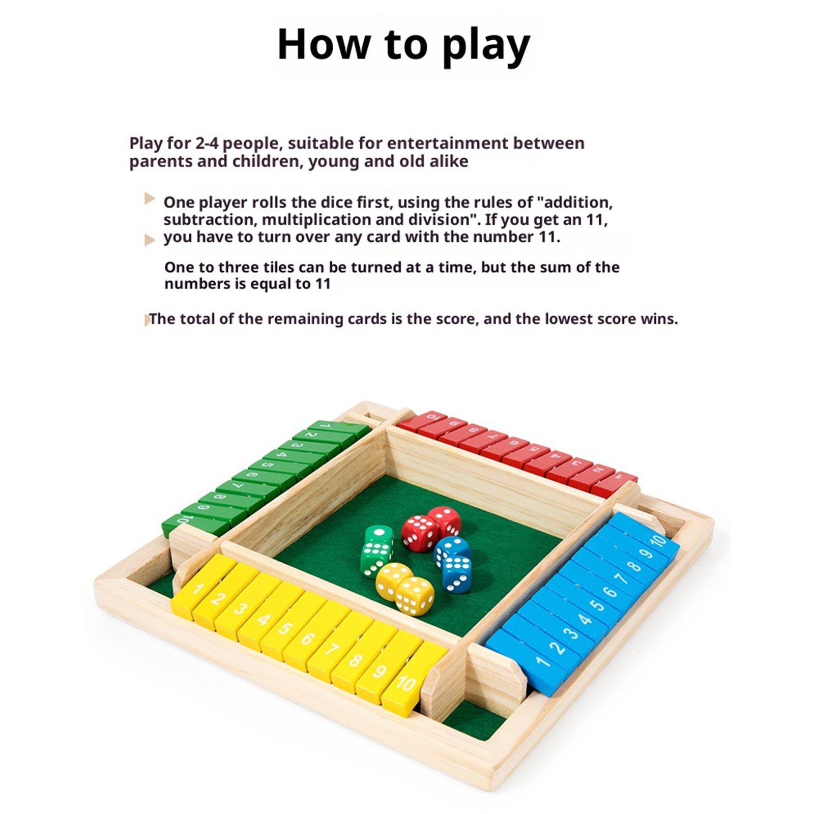 Wooden Dice Board Game Shut The Box for 4 Players Flaps & Dices Game Parent-chi
