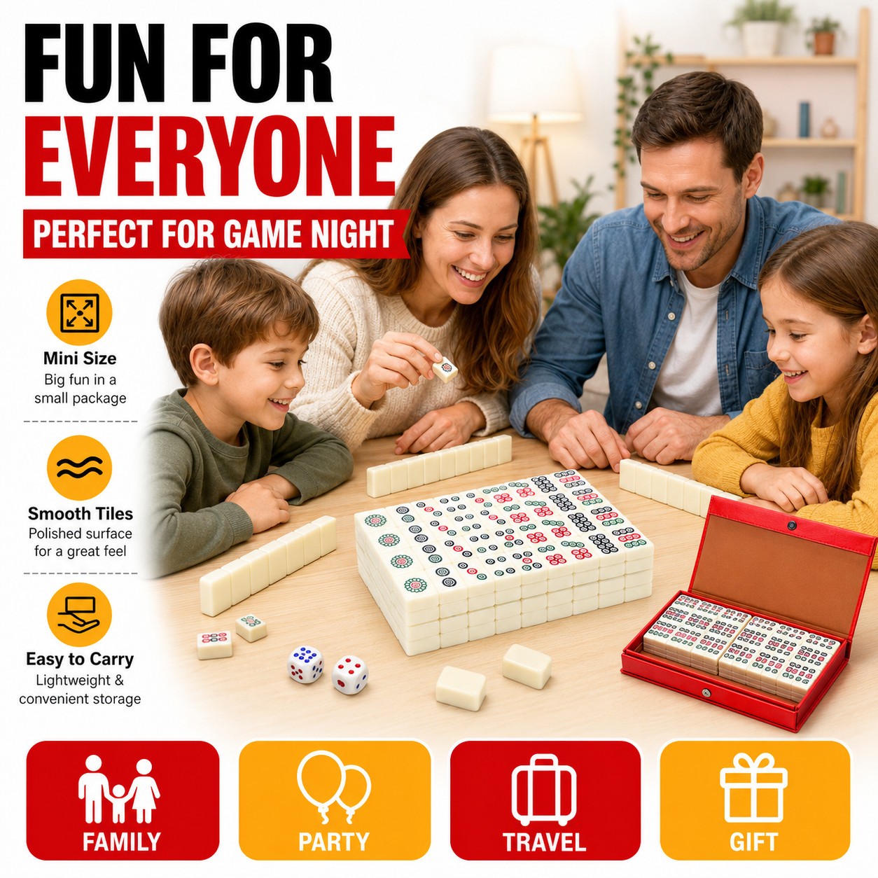 Travel Mini Mahjong Set 144 Tiles 2 Dice Red Carry Case Family Tabletop Game Toy