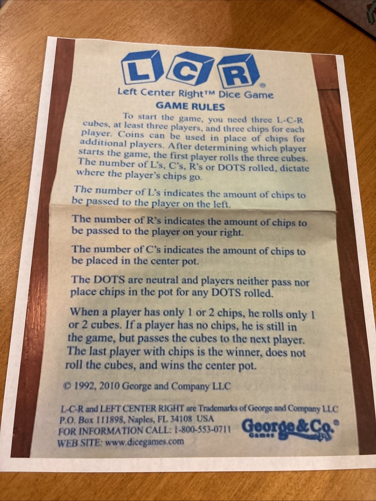 LCR Left Center Right Dice Game by George and Company Complete