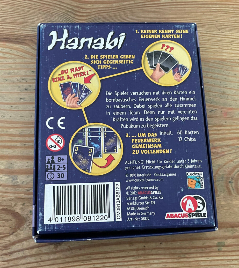 GAME Antoine Bauza – Hanabi (from 8y/2-5 sp.) Abacus games – parts missing!!-