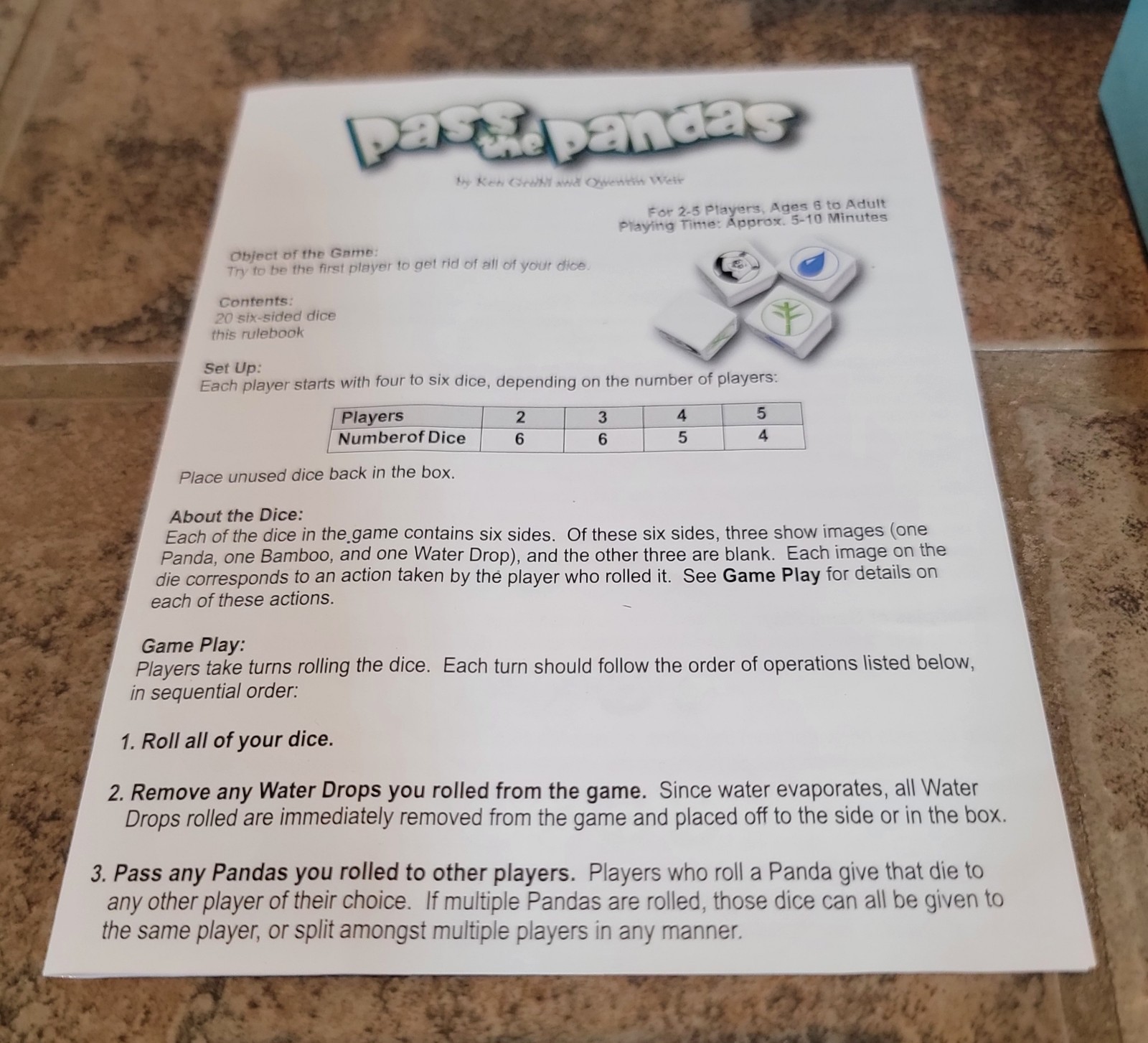PASS THE PANDAS dice game – Ultra Pro 2018 – COMPLETE
