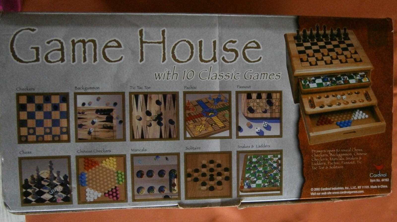 2002 Cardinal GAME HOUSE 10 Games WOOD Boards & Box Chess Checkers Pachisi Snake