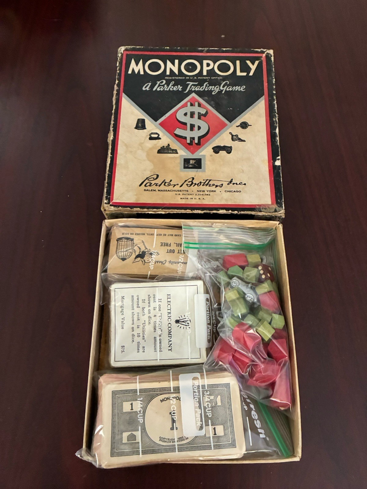 Vintage 1936 Monopoly Game Black Box Wood Houses Missing Pieces & Board. See Pic