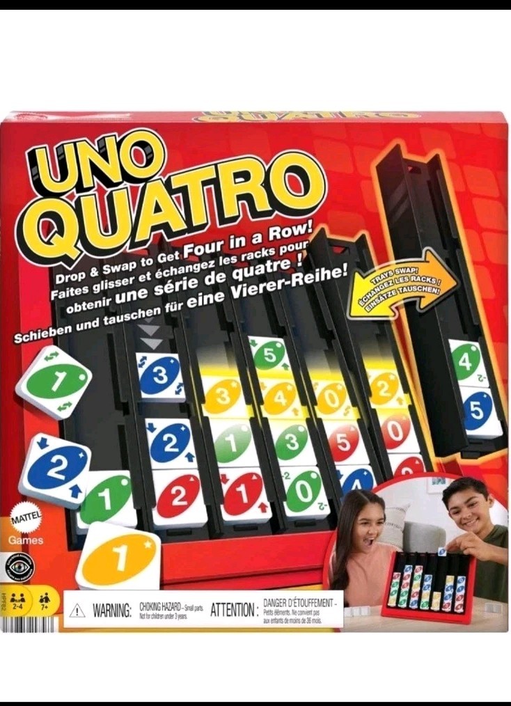 UNO Quatro Game with Colored Tiles & Plastic Game Grid for Adults/Family