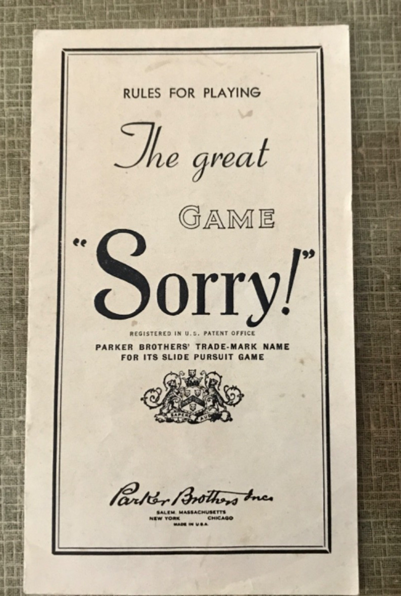 1950 Vintage SORRY Board Game Cards Wooden Pegs instructions 1 blue peg missing
