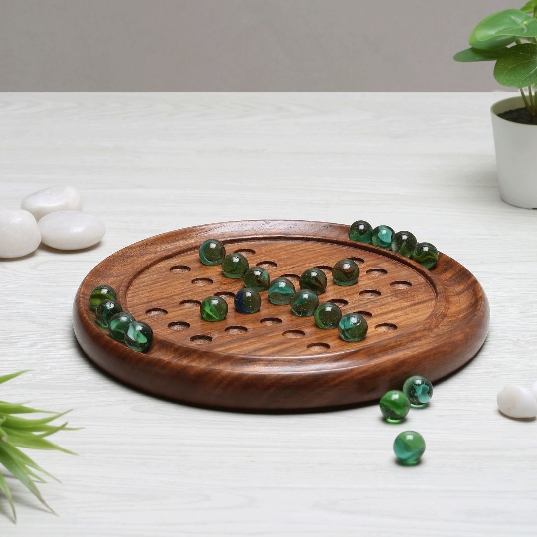 Wooden Solitaire Board Game 10 Inch – Brain Vita, Peg Marble Puzzle, Mind Teaser