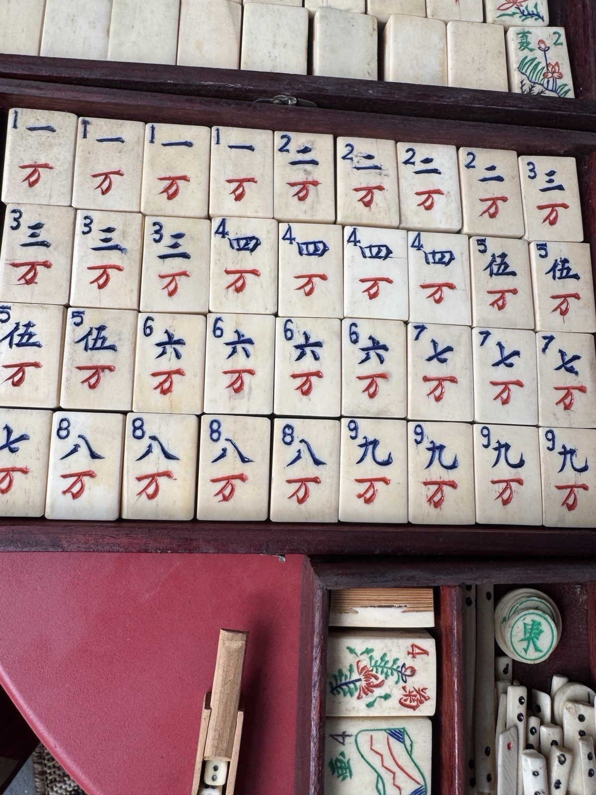 Antique Mahjong 5 Drawer Wood Box Set Bamboo Bone w/DICE/Tiles/Hand Colored