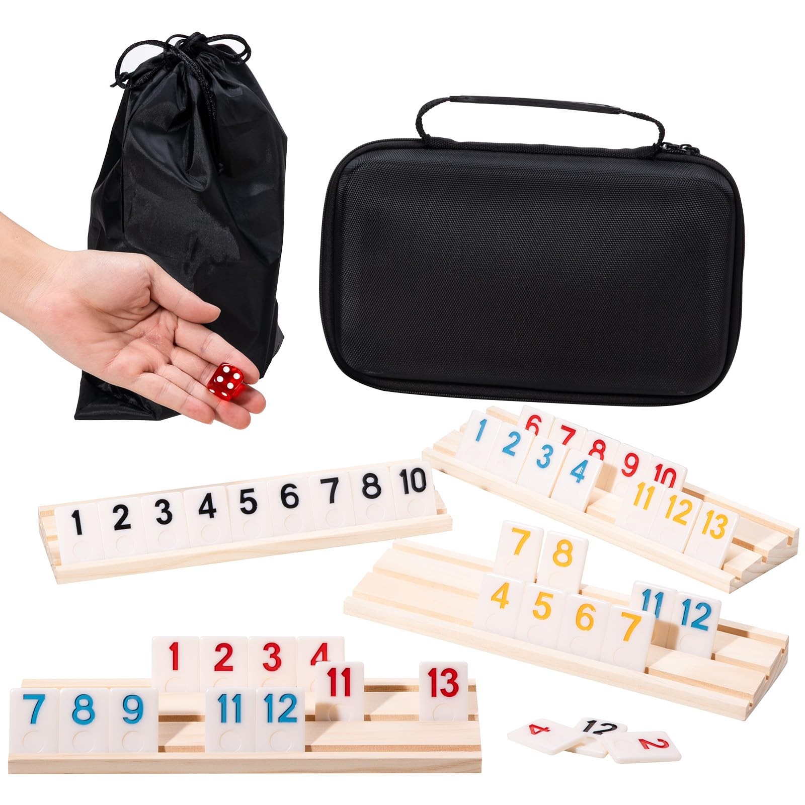 Rummy Cube Game Set, 106 Rummy Tiles with 4 Wooden Racks/Trays, Portable Carr…