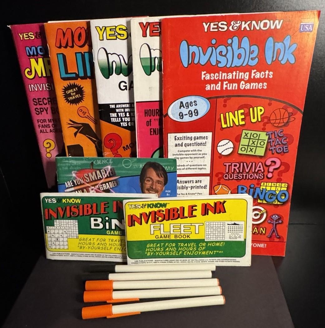 8 Yes & Know INVISIBLE INK Game Puzzle Quiz Books Lot Lee Pub 5 PENS Vtg READ