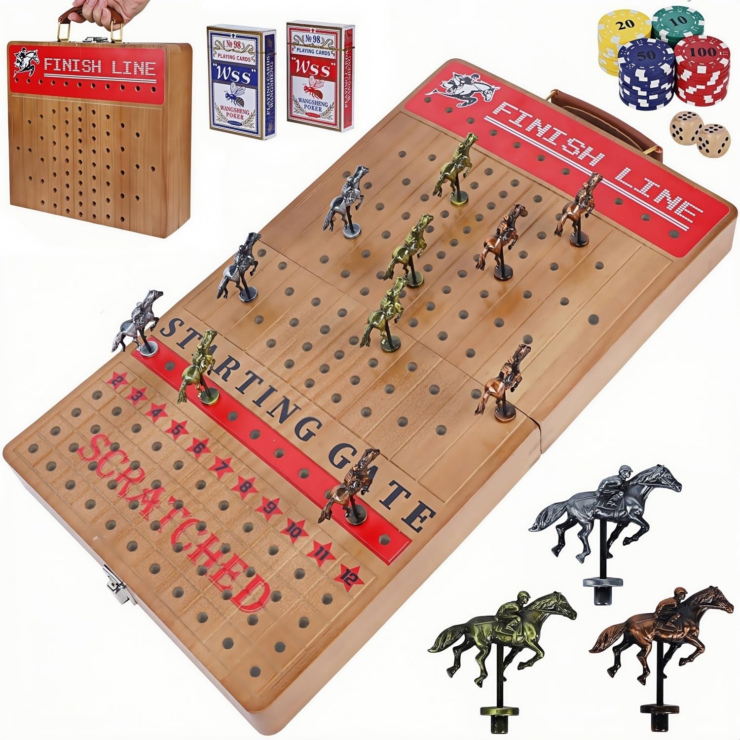 Large 21″ Horse Racing Game for Adults & Family – Foldable Board, 11 Metal Horse