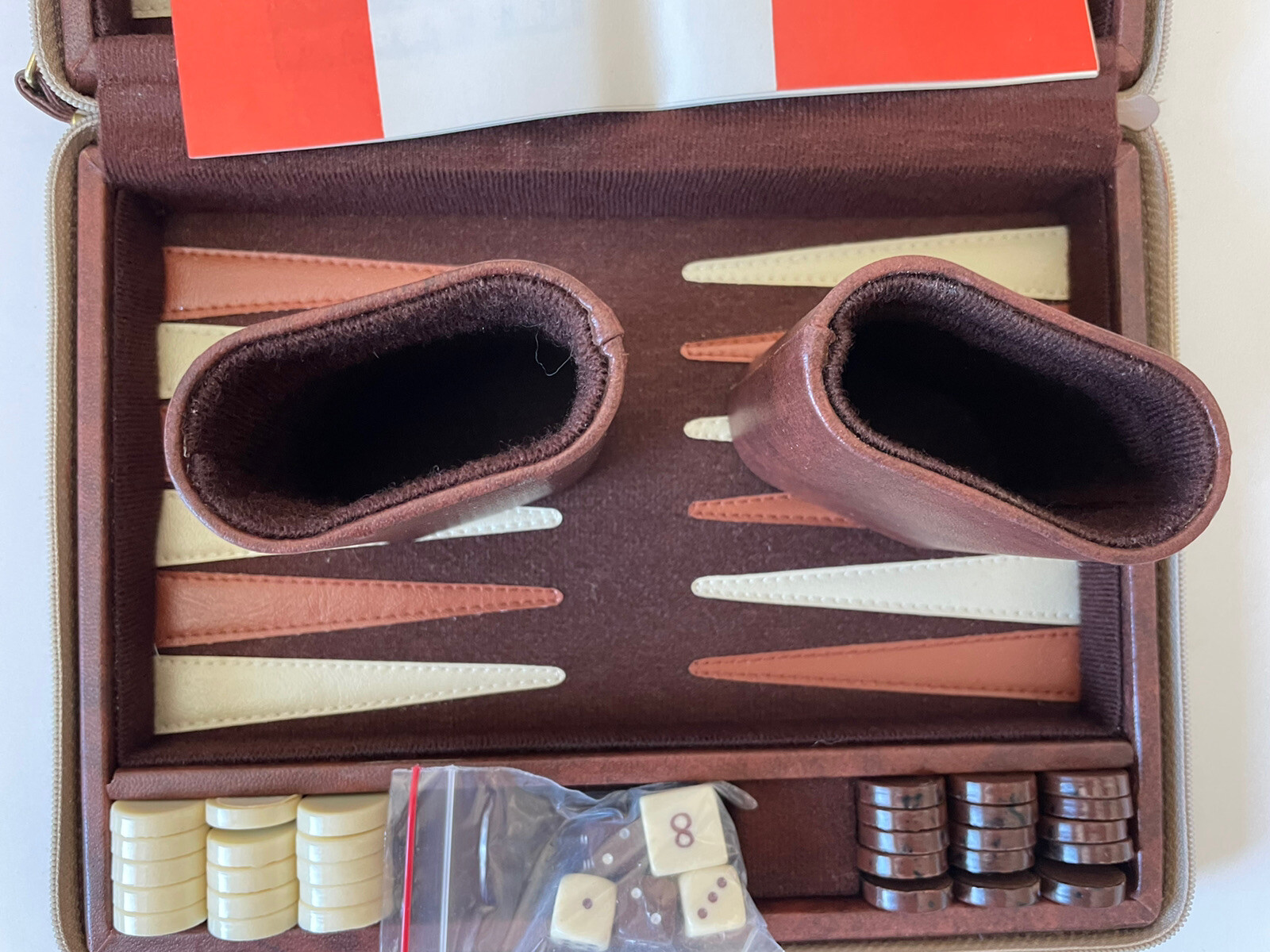 Vintage Backgammon Travel Case Set Brown Zippered Case Complete